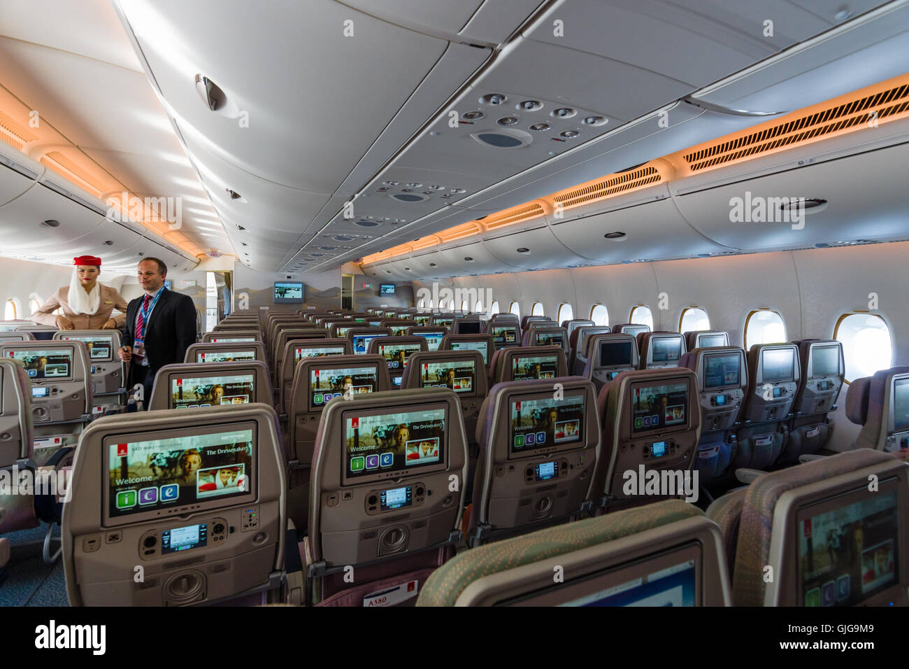 Interior of an economy class of the world's largest aircraft Airbus A380.  Emirates Airline Stock Photo - Alamy