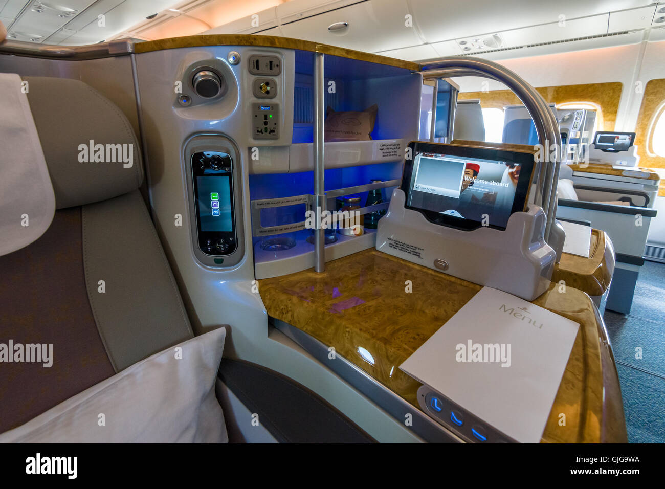 Interior of business class of the world's largest aircraft Airbus A380. Emirates Airline. Stock Photo