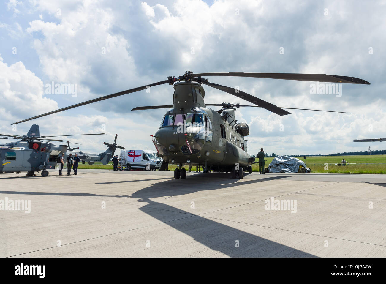 The twin-engine, tandem rotor heavy-lift helicopter Boeing CH-47 Chinook. US Army. Stock Photo