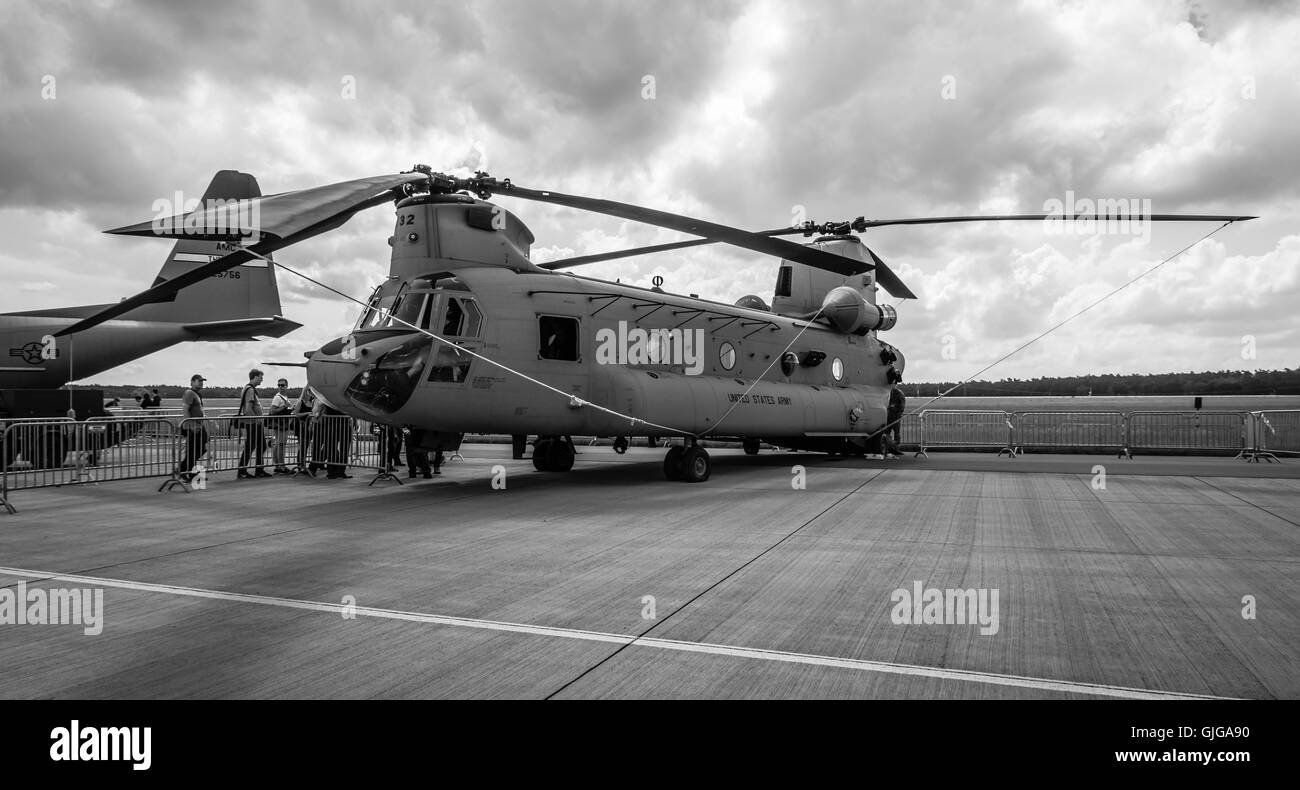 The twin-engine, tandem rotor heavy-lift helicopter Boeing CH-47 Chinook. US Army. Stock Photo