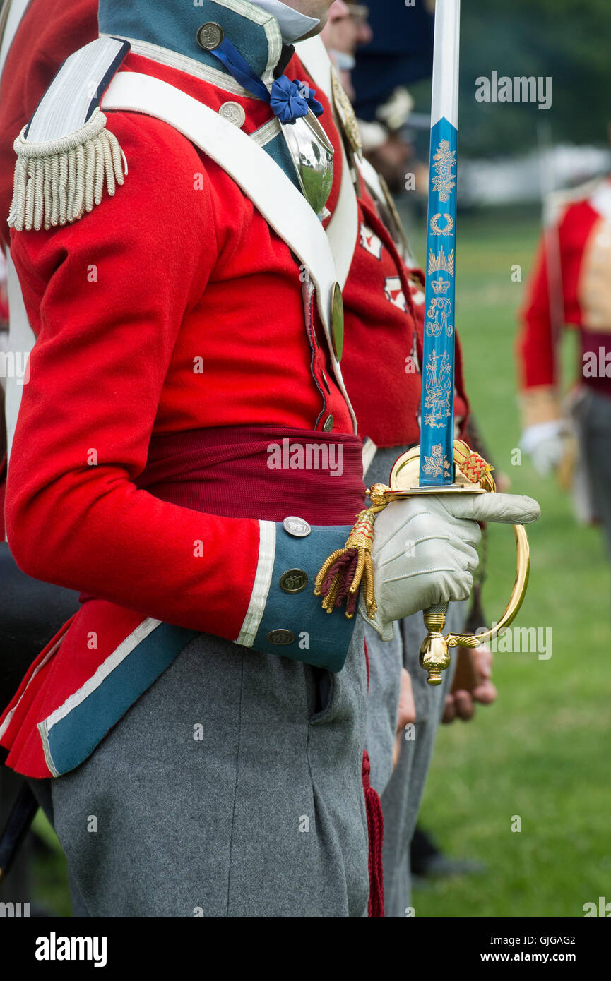 Coldstream Regiment of Foot Guards officers uniform and sword at a reenactment. Spetchley Park, Worcestershire, England Stock Photo