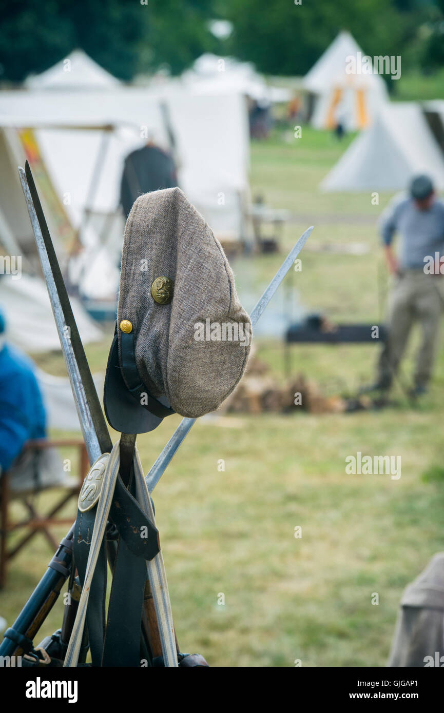 Confederate Soldiers cap in an encampment of a American Civil war reenactment at Spetchley Park, Worcestershire, England Stock Photo