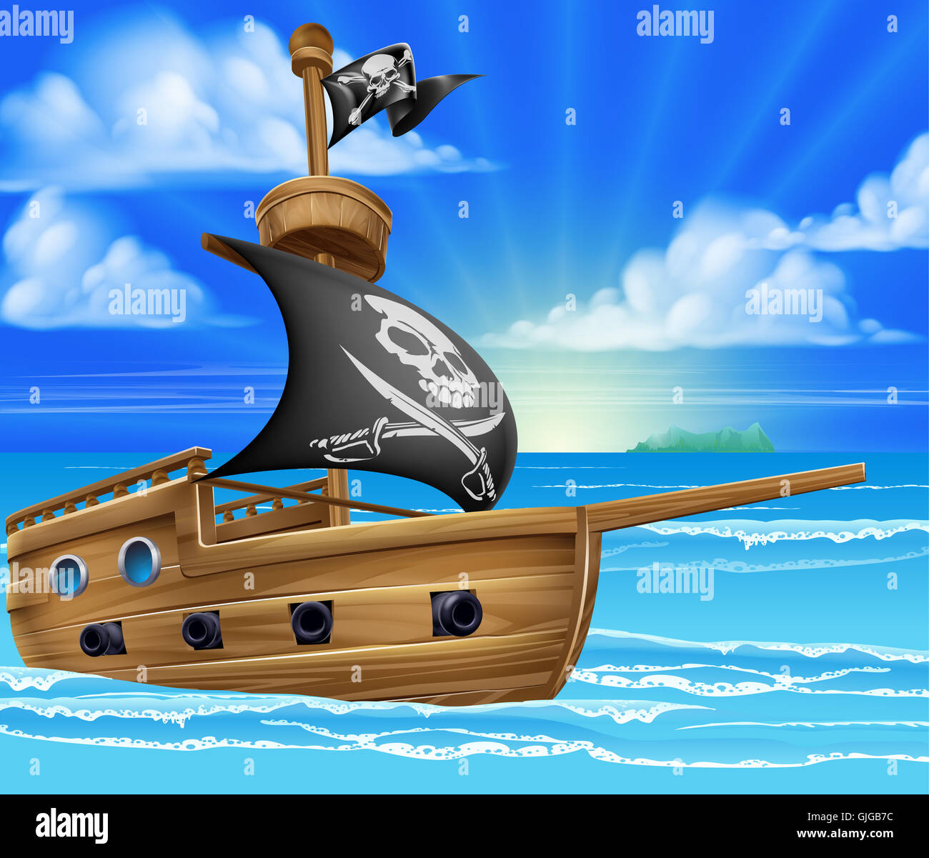 A cartoon pirate ship boat sailing in the ocean with jolly roger skull and crossed bones flag Stock Photo
