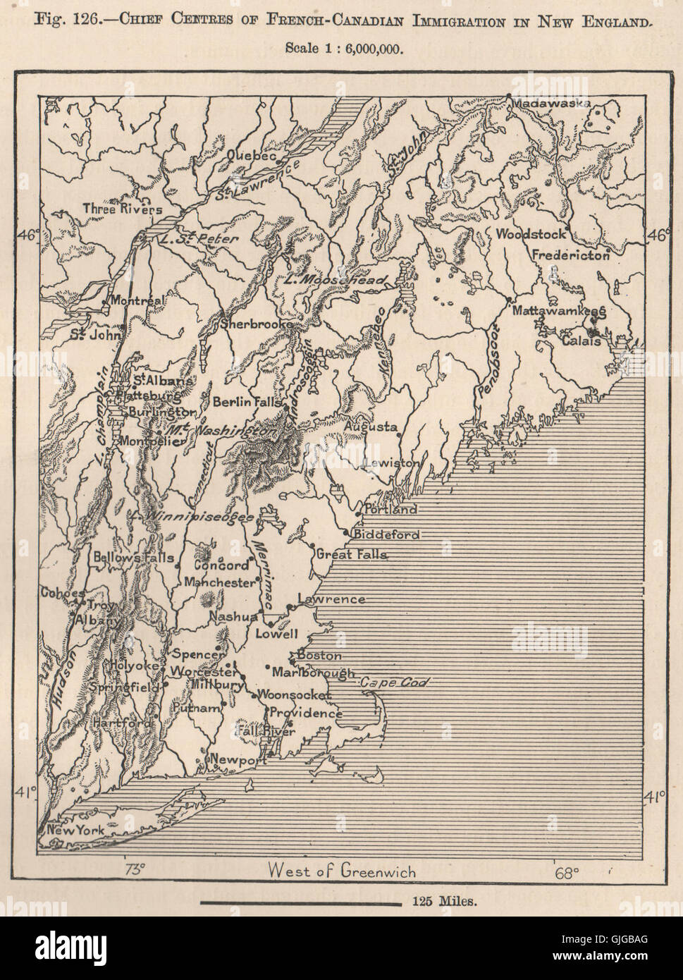 French-Canadian immigration in New England. USA. Canada, 1885 antique map Stock Photo