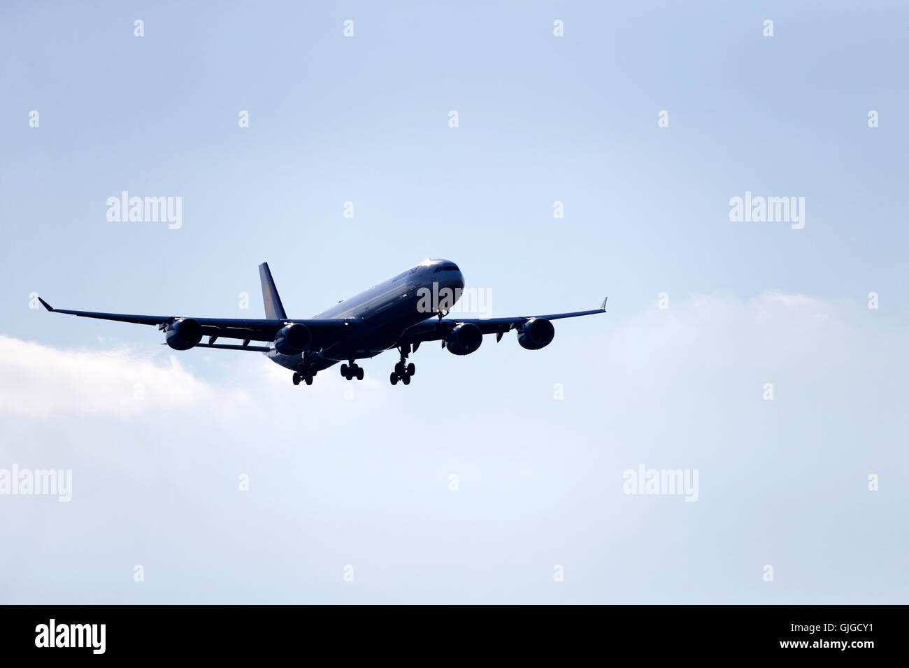 Lufthansa Airbus A340-800 on approach to landing at Franz Josef Strauss Airport, Munich, Upper Bavaria, Germany, Europe. Stock Photo