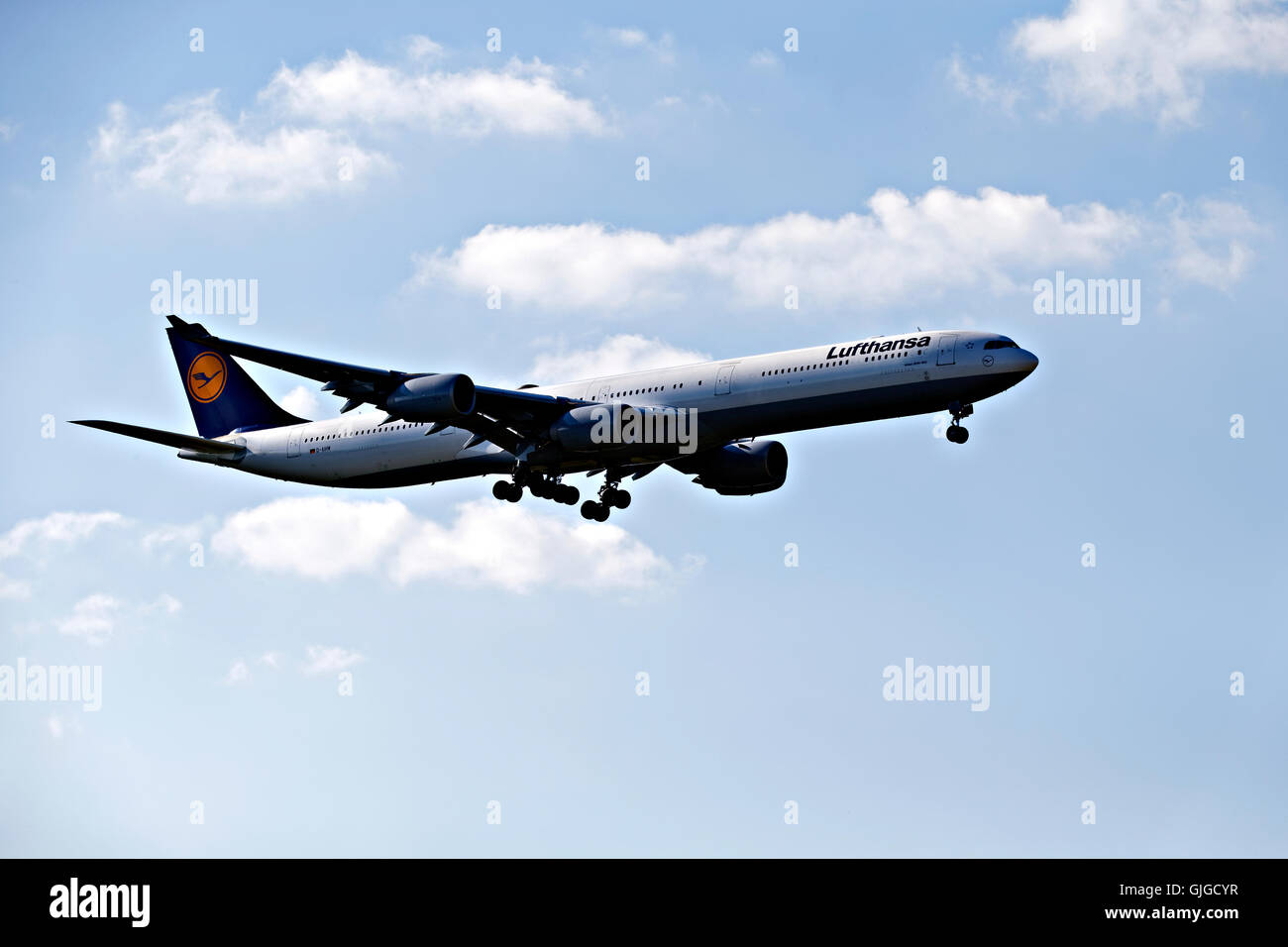 Lufthansa Airbus A340-800 on approach to landing at Franz Josef Strauss Airport, Munich, Upper Bavaria, Germany, Europe. Stock Photo
