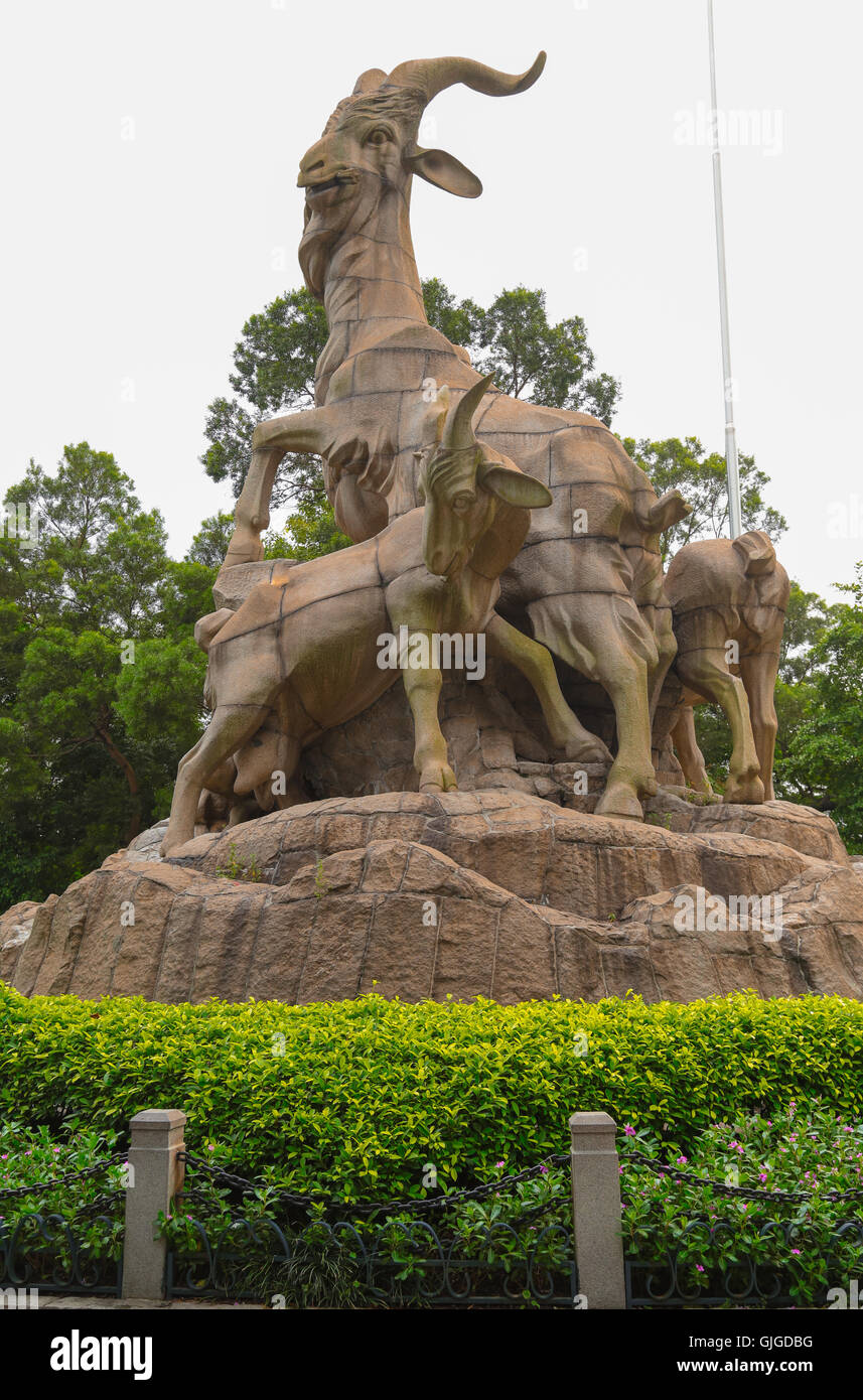 The granite Statue of the Five Goats is located in the west part of Yiexiu Park, Guangzhou, China Stock Photo