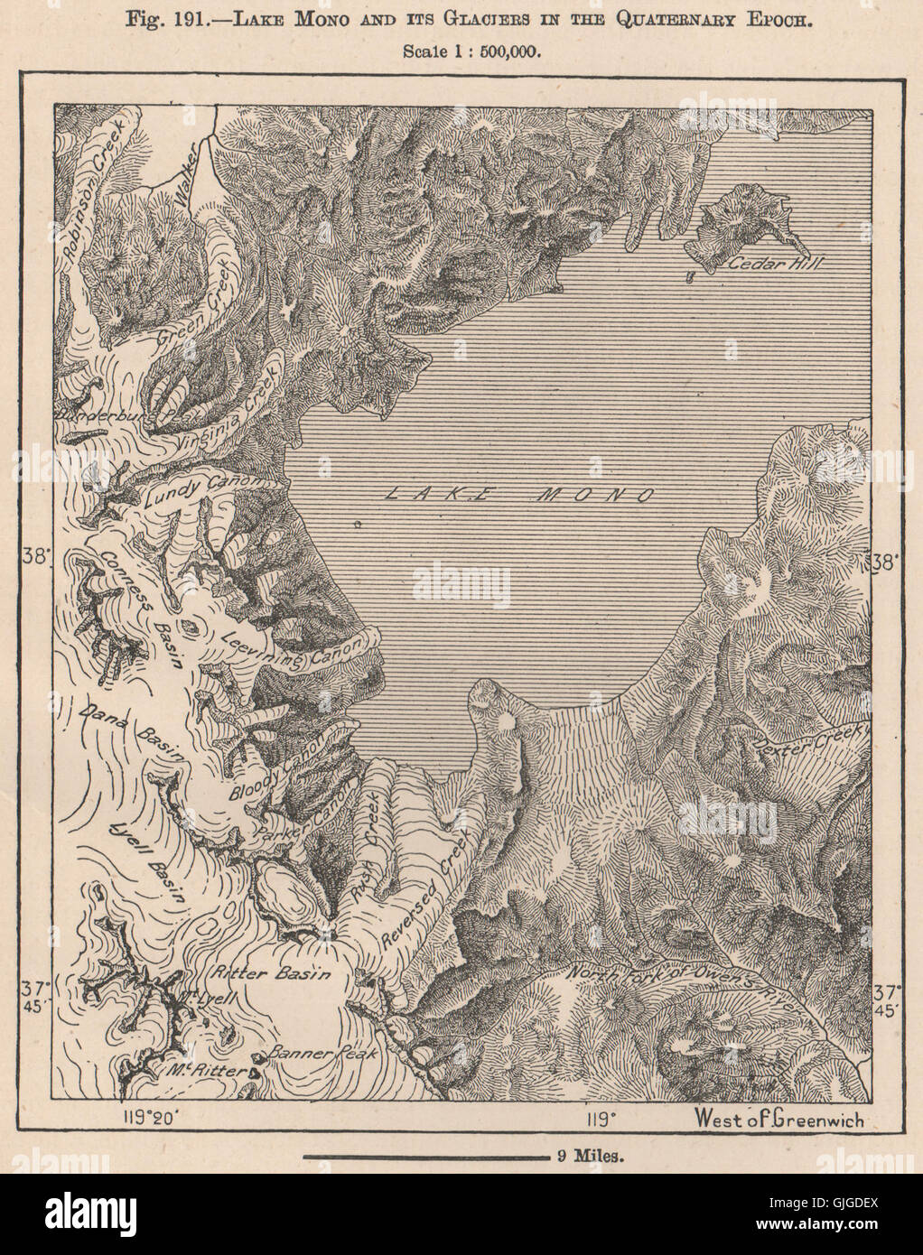 Lake Mono and its Glaciers in the Quaternary Epoch. California, 1885 old map Stock Photo