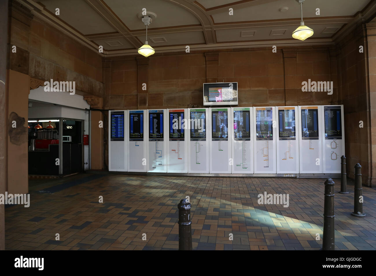 Train departure times at the entrance to Central Station, Sydney at the