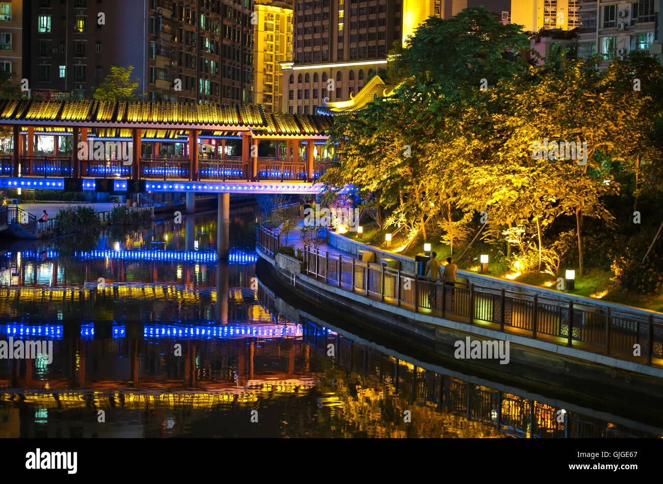 Night scenery of Jinshan river recreation park at the heart of the city Huizhou, guangdong, China. Stock Photo