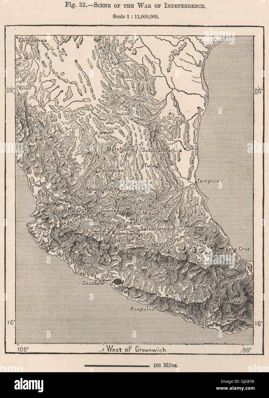 Scene of the war of independence. Mexico, 1885 antique map Stock Photo