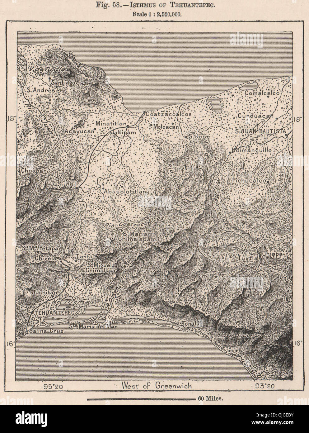 Isthmus of Tehuantepec. Mexico, 1885 antique map Stock Photo