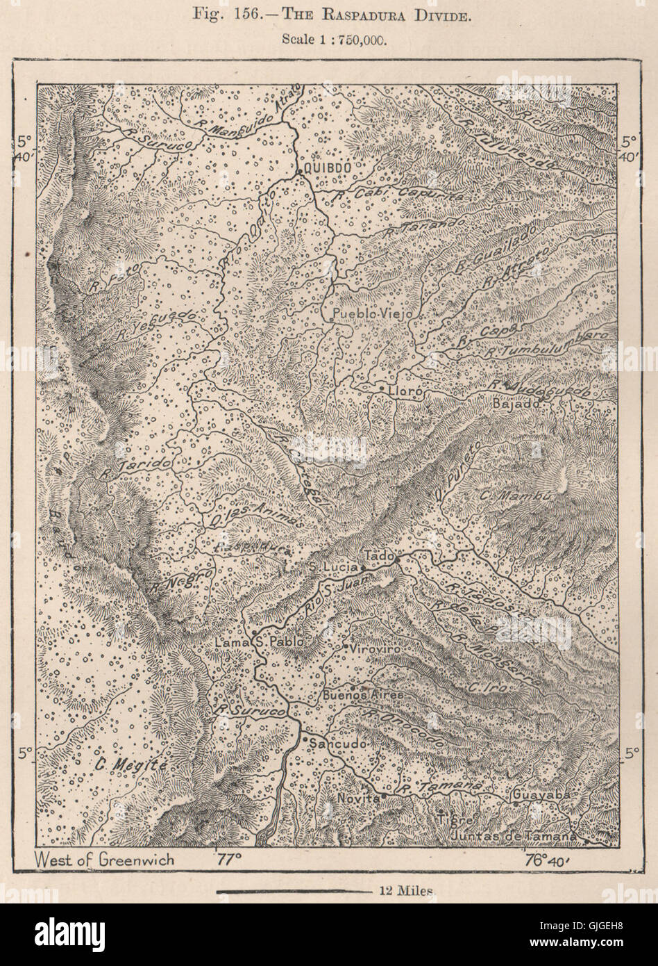 The Raspadura divide. Colombia, 1885 antique map Stock Photo