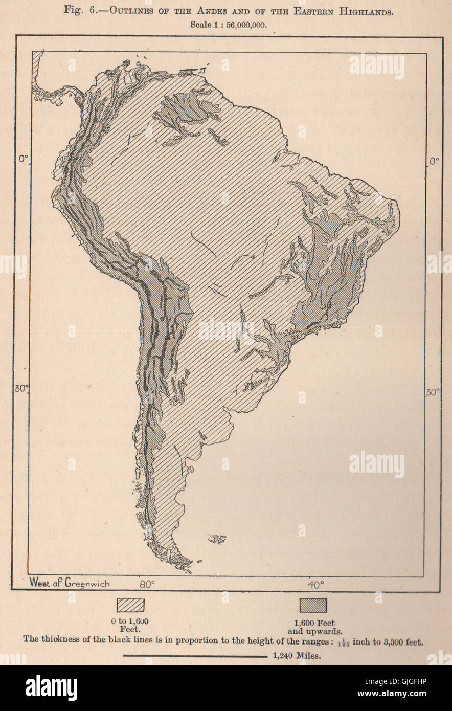 Outlines of the Andes and of the Eastern Highlands. South America, 1885 map Stock Photo
