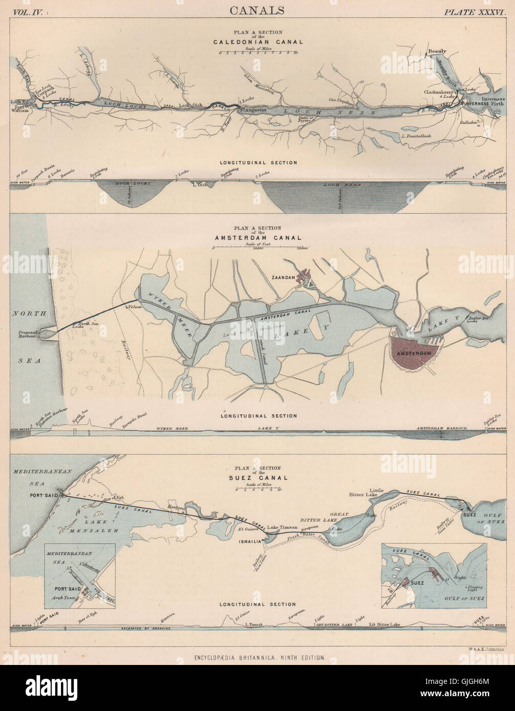 CANALS. Caledonian Amsterdam & Suez Canals. Plan & sections. BRITANNICA 1898 map Stock Photo