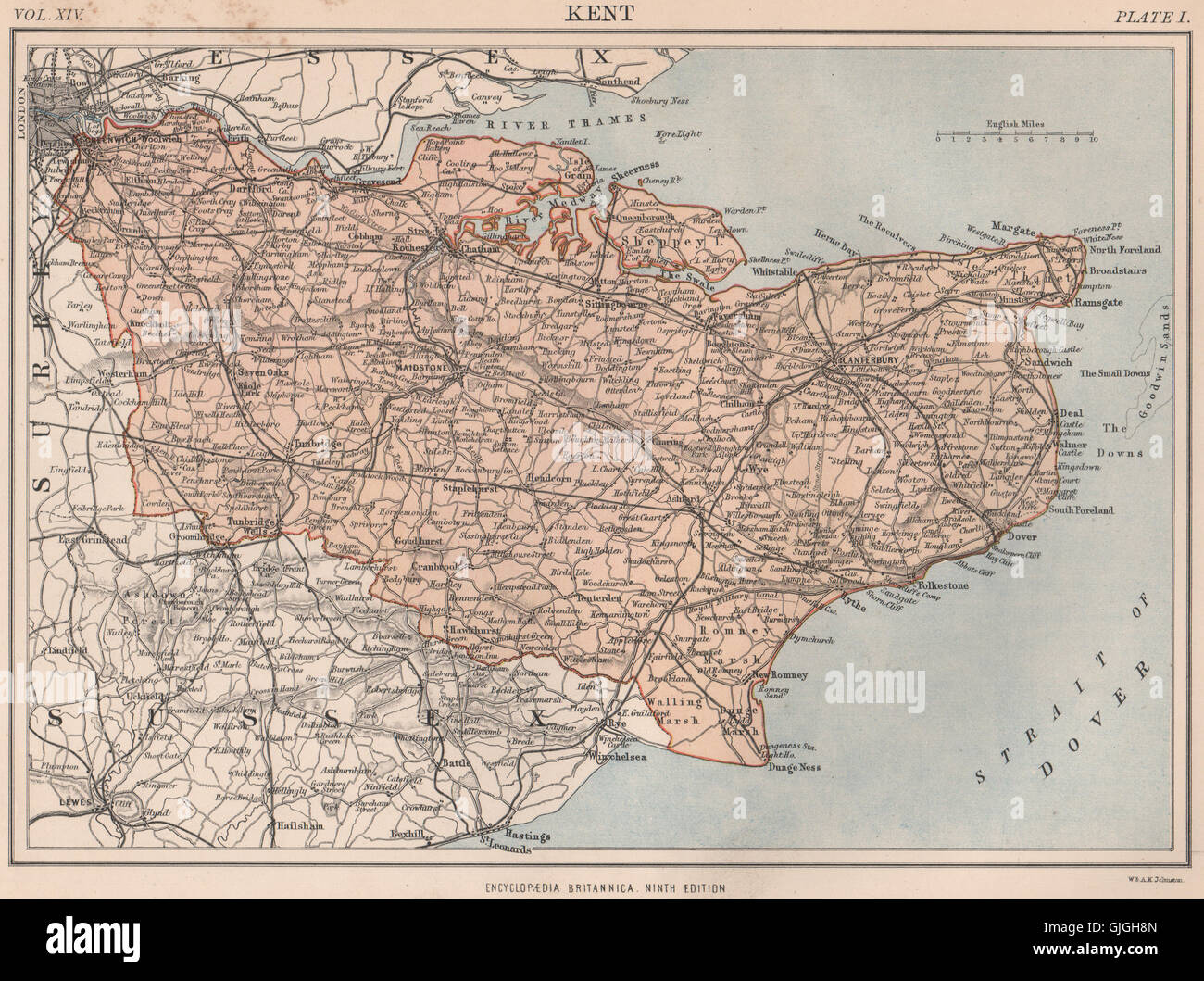 KENT county map. Railways. BRITANNICA, 1898 Stock Photo