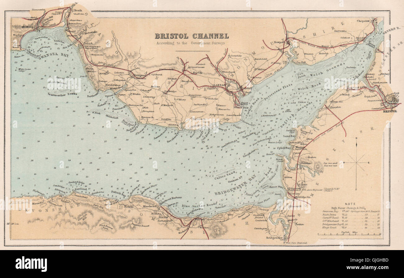 BRISTOL CHANNEL sea chart per Government Surveys. Railways. BARTHOLOMEW 1886 map Stock Photo