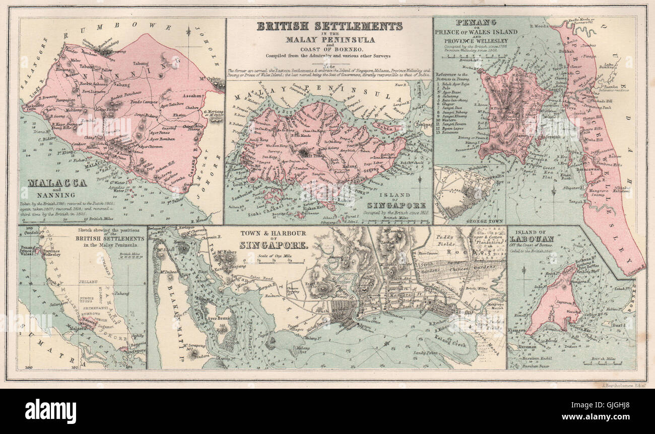 BRITISH MALAY SETTLEMENTS. Singapore city plan. Malacca Penang Labuan, 1886 map Stock Photo