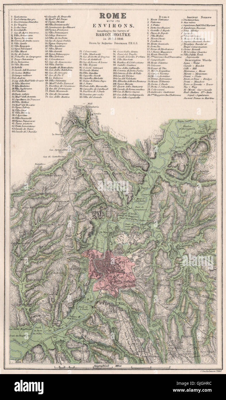 Rome & environs, according surveys of Baron Moltke 1845-46. PETERMANN, 1886 map Stock Photo