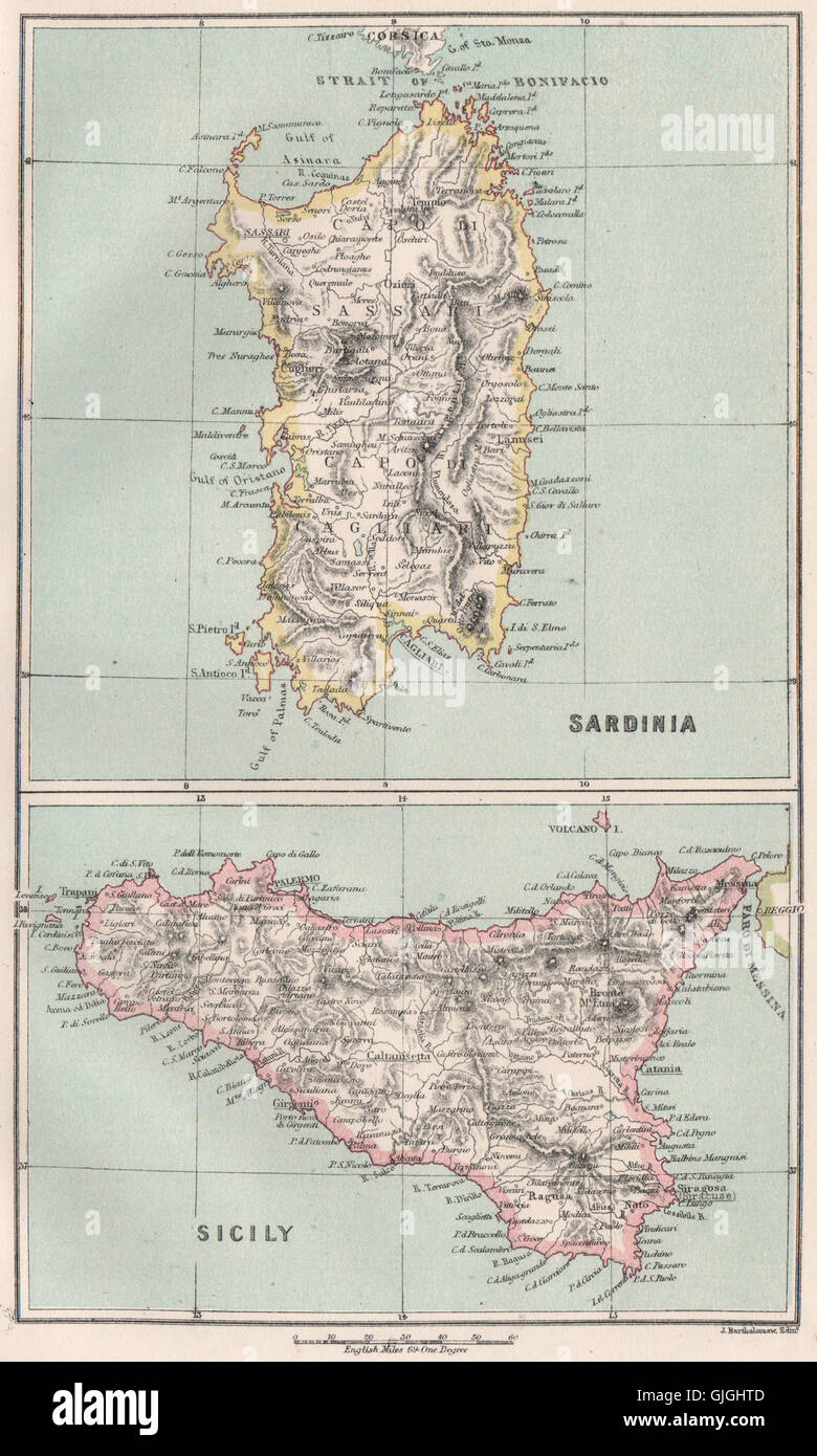 Map Of Sardinia And Sicily Sardinia & Sicily. Sardegna Sicilia. Italy. Bartholomew, 1886 Antique Map  Stock Photo - Alamy