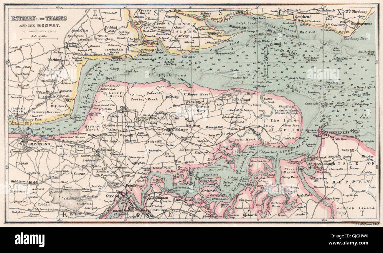 Map Of Gillingham Kent Estuary Of The Thames And The Medway Sea Chart. Kent. Bartholomew, 1886 Map  Stock Photo - Alamy