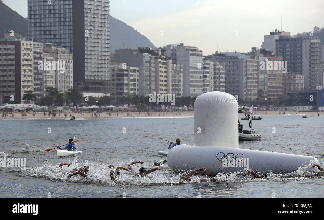 A view of competitors during the mens 10km marathon swimming at Fort Copacabana on the eleventh day of the Rio Olympic Games, Brazil. Stock Photo