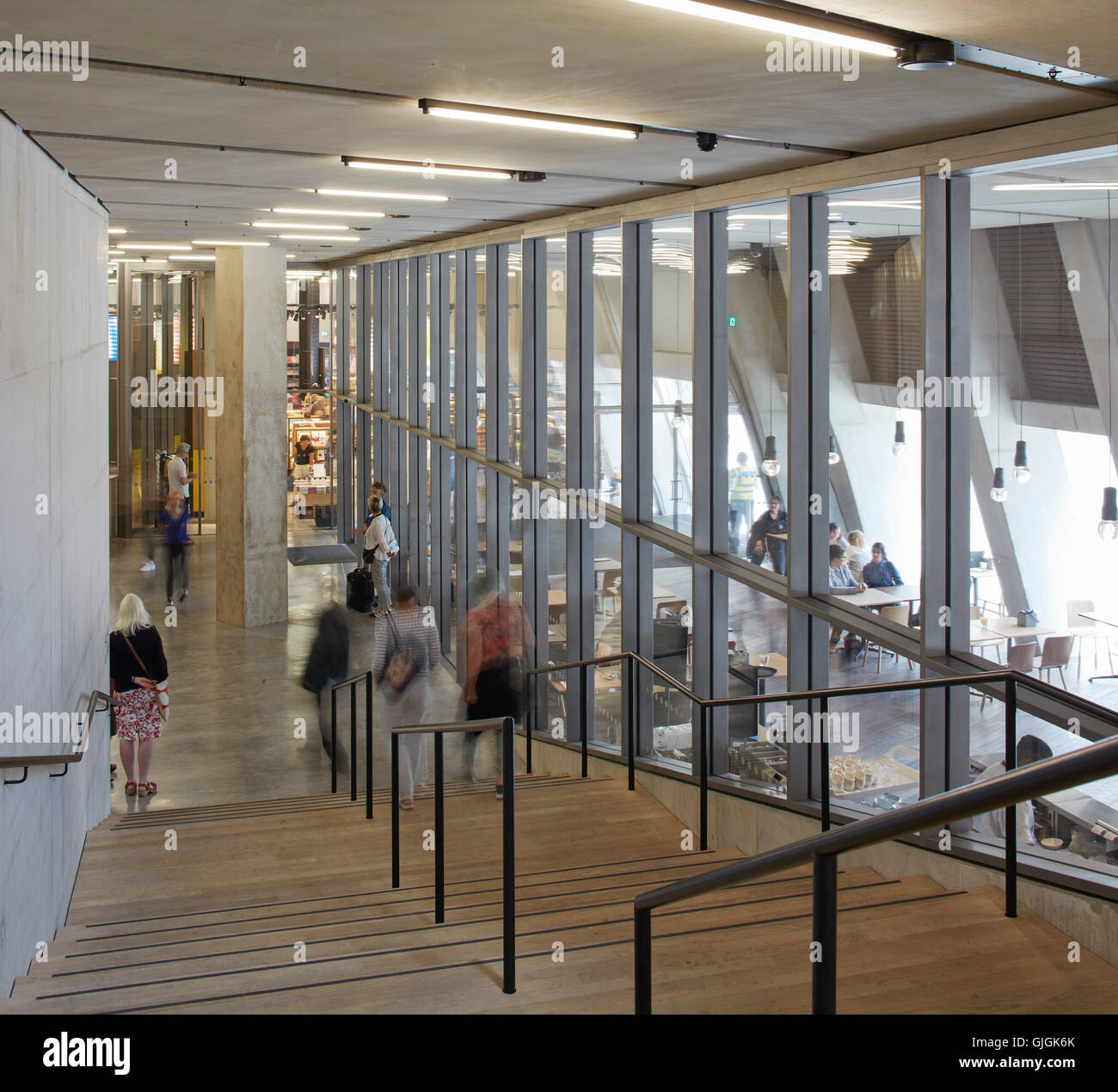 Stairway with view through to cafe and entrance on south side. Switch ...