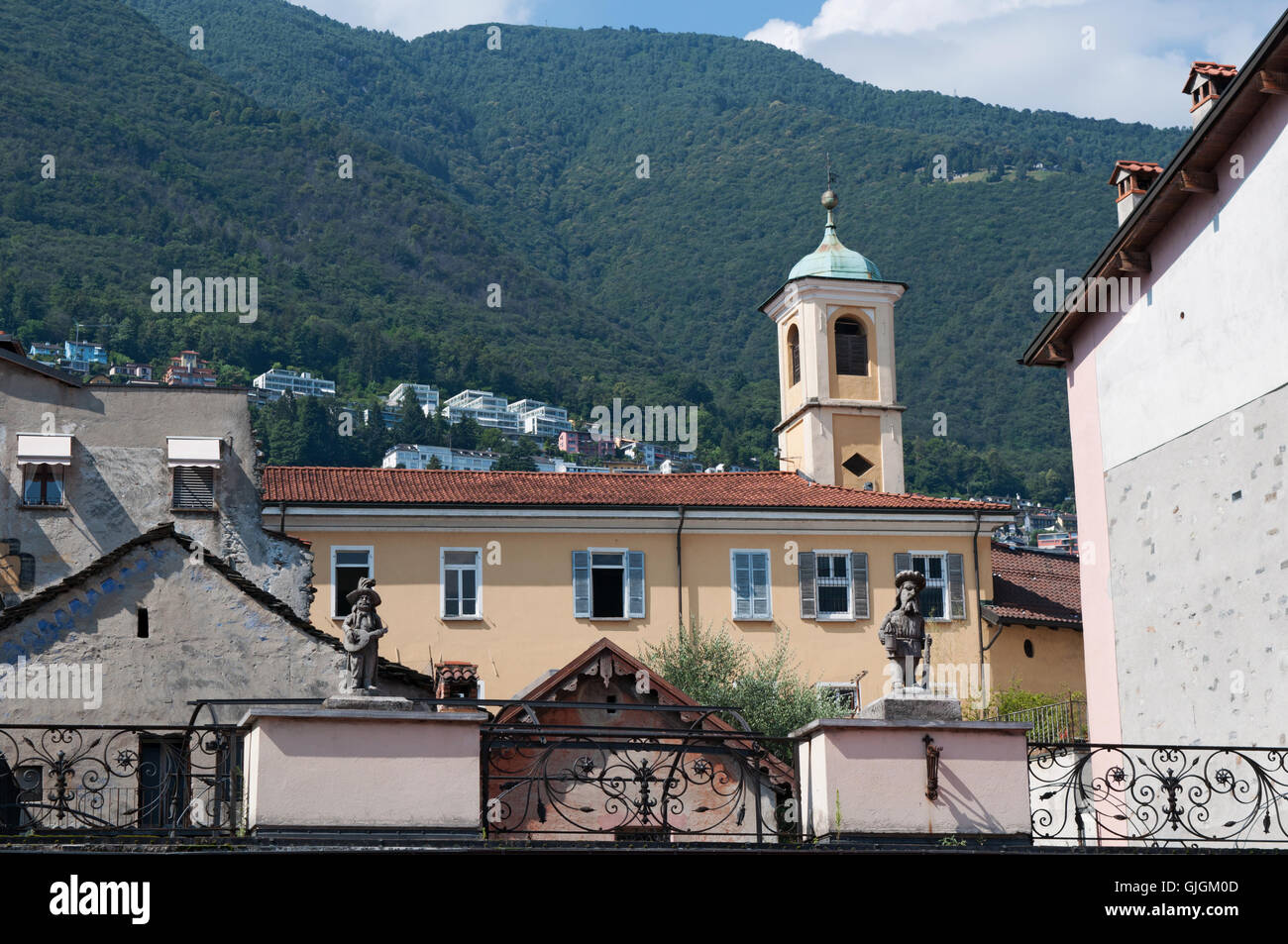 Switzerland: skyline of Locarno, a town on the northern tip of Lake Maggiore in the Swiss Canton of Ticino Stock Photo
