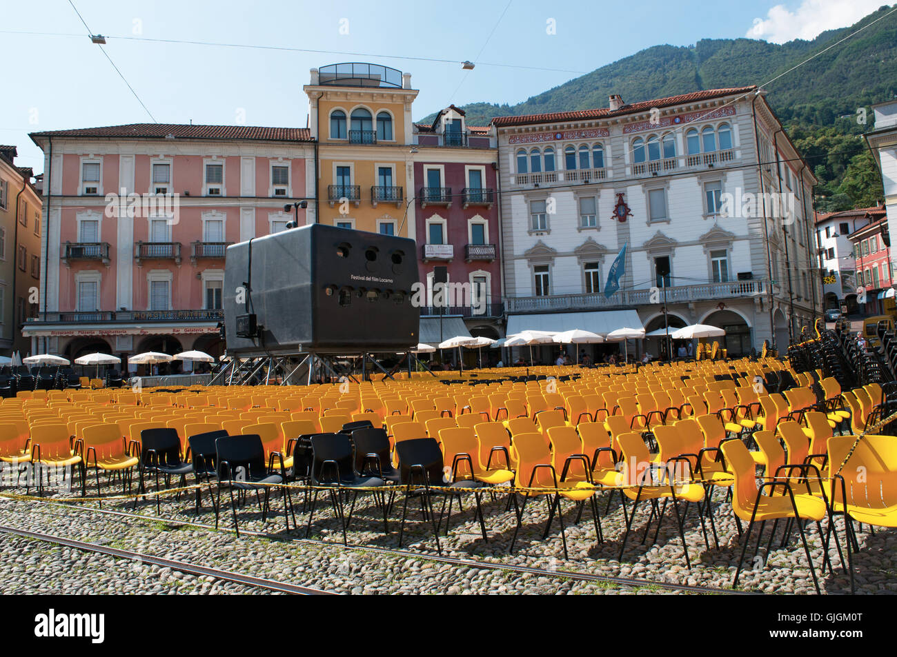 Switzerland: the chairs and movie projector of the Film Festival Locarno, an international film festival held every August Stock Photo