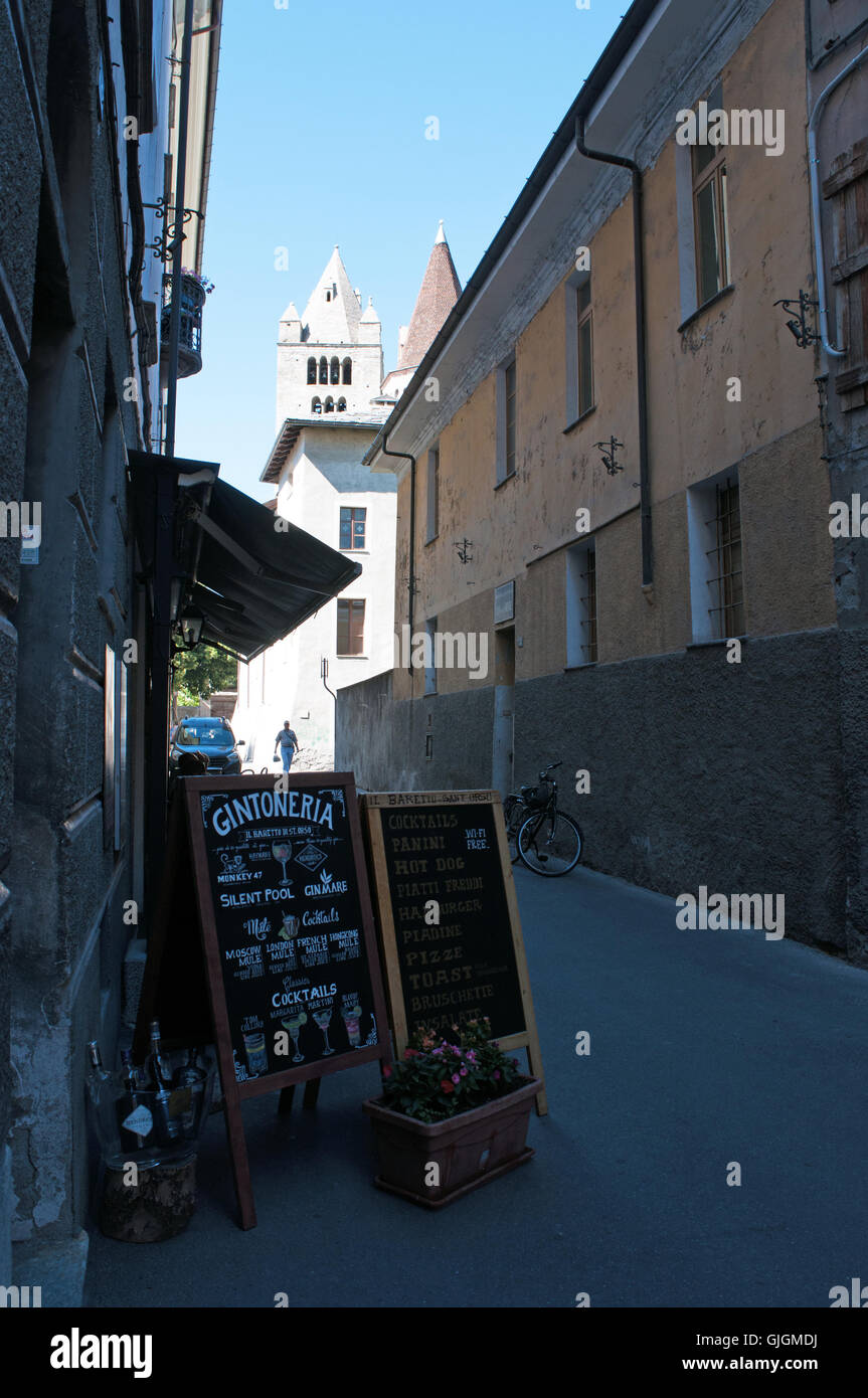 Aosta, Italy: view from the alleys of the capital of the autonomous region of the Aosta Valley, in the northwest of Italy Stock Photo
