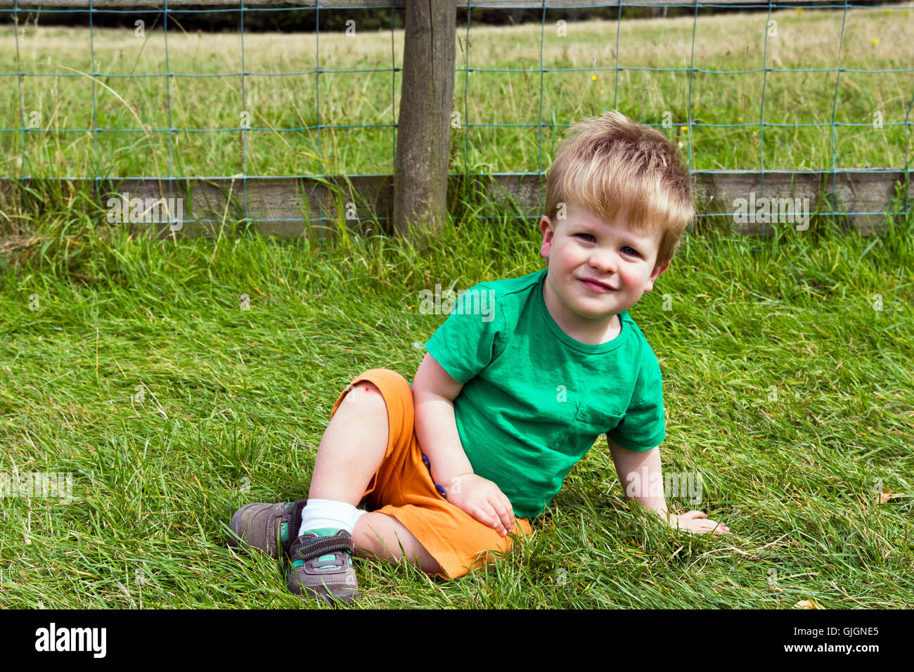 Young boy sitting on the grass on a sunny day Stock Photo