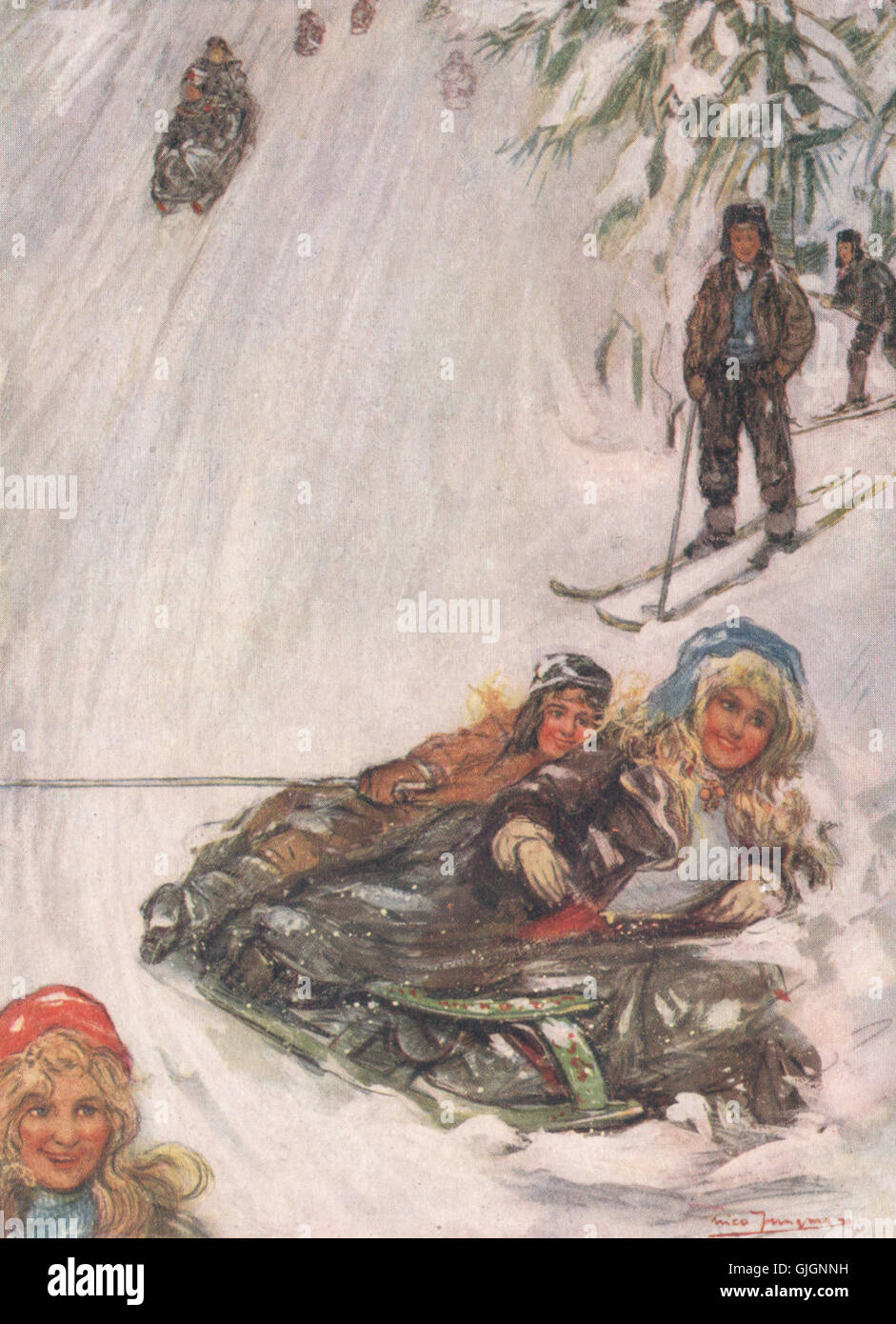 HOLMENKOLLEN. Girls on sledge by Nico Jungman. Norway, antique print 1905 Stock Photo