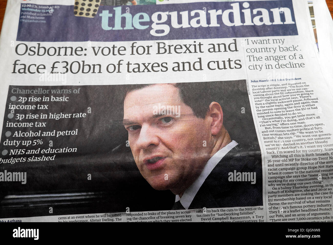 Guardian newspaper  headline  'Osborne: vote for Brexit and face £30bn of taxes and cuts'  London UK Stock Photo
