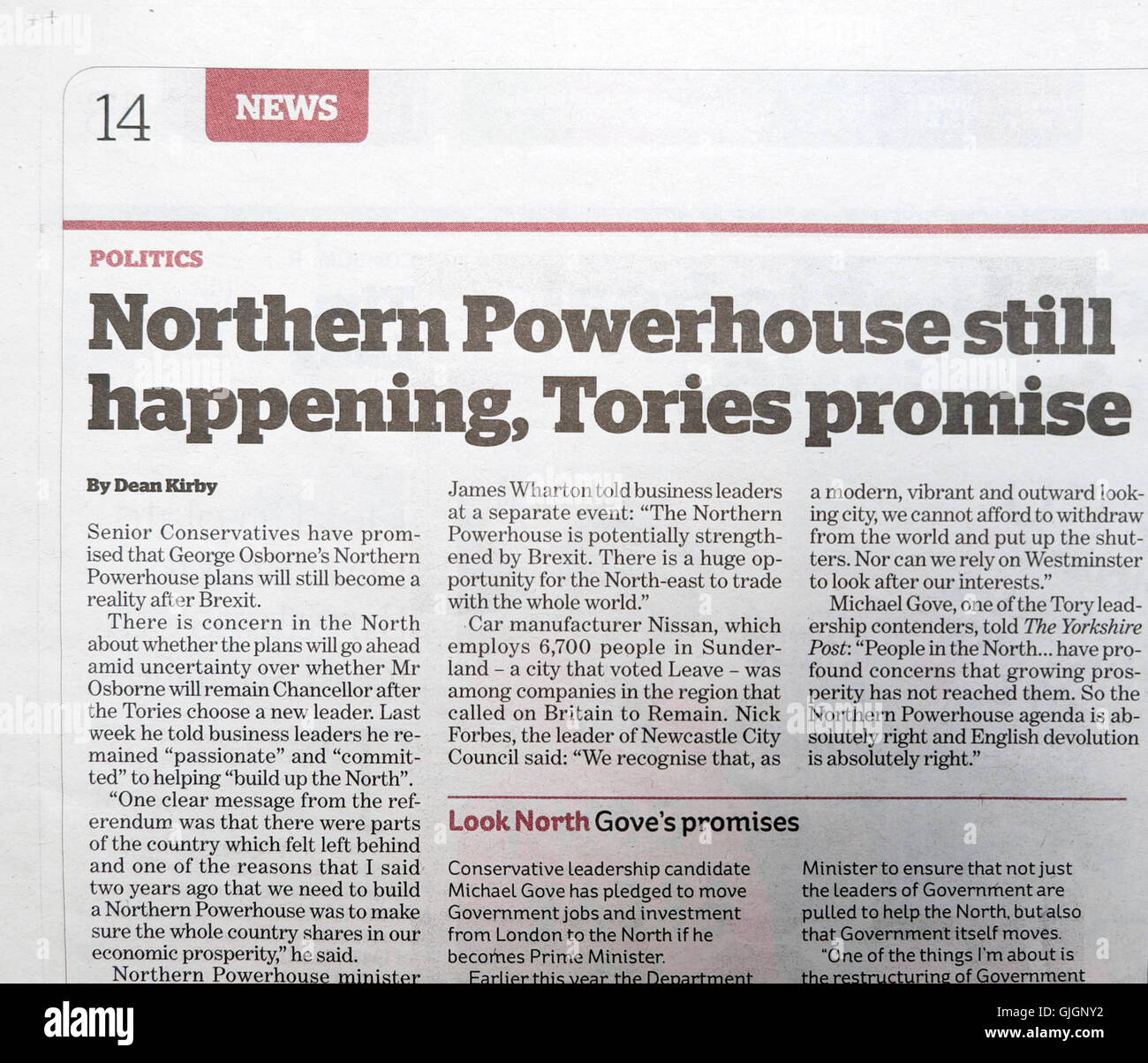 'Northern Powerhouse still happening, Tories promise'  article in newspaper 2016  UK Stock Photo