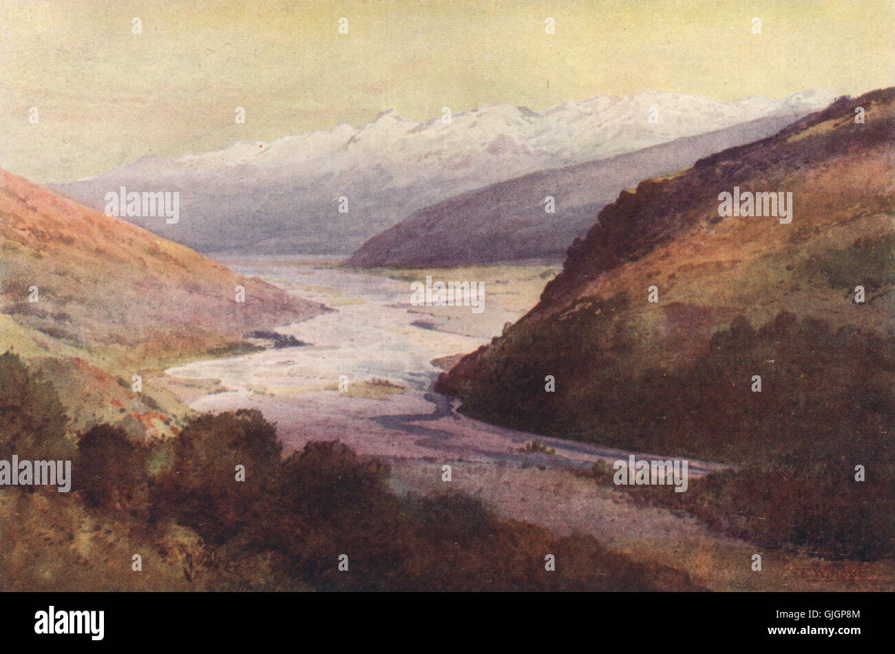 'Rees Valley and Richardson Range' by Frank Wright. New Zealand, print 1908 Stock Photo