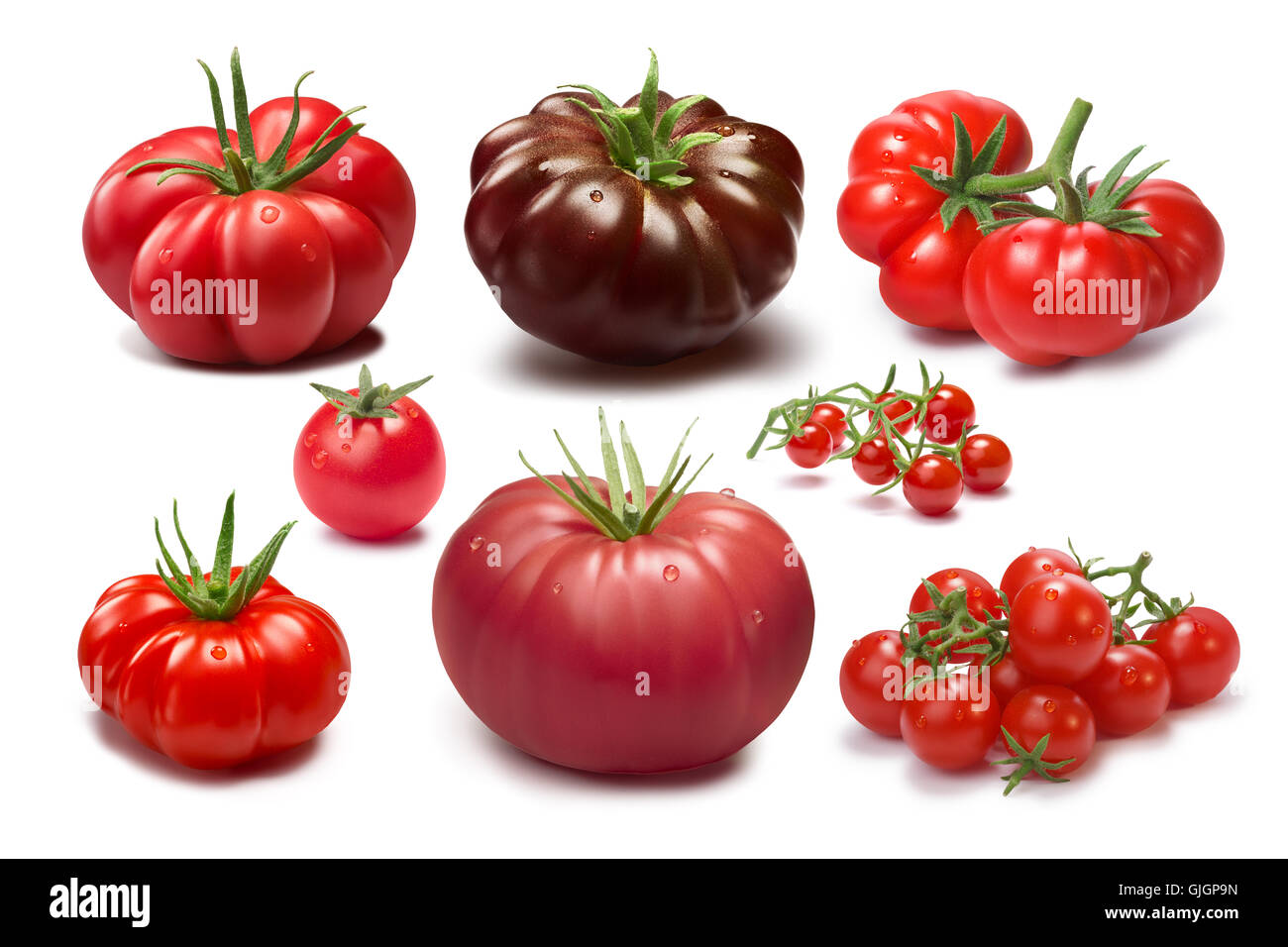 Collection of different tomato cultivars. Various shapes and colors. Heirloom tomatoes. Clipping paths, shadows separated, infin Stock Photo