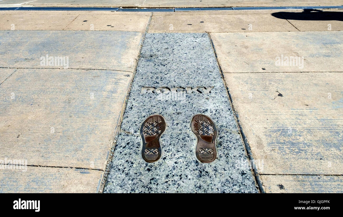 The footprints (trainers) of Sylvester Stallone as Rocky Balboa at the top of the Rocky Steps outside the Philadelphia Museum of Art. Stock Photo