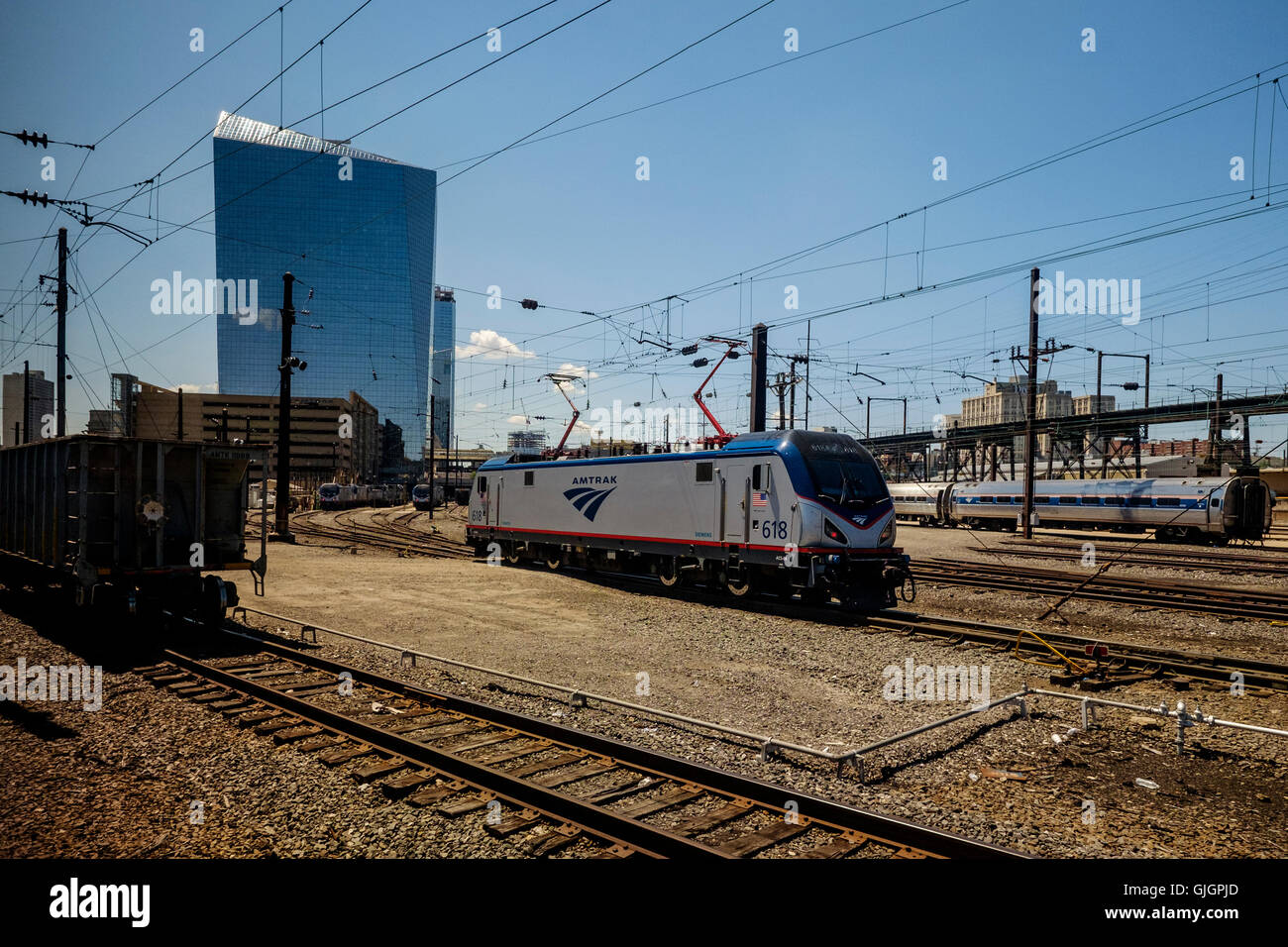 Amtrak trains in the yard outside 30th Street Station, Philadelphia