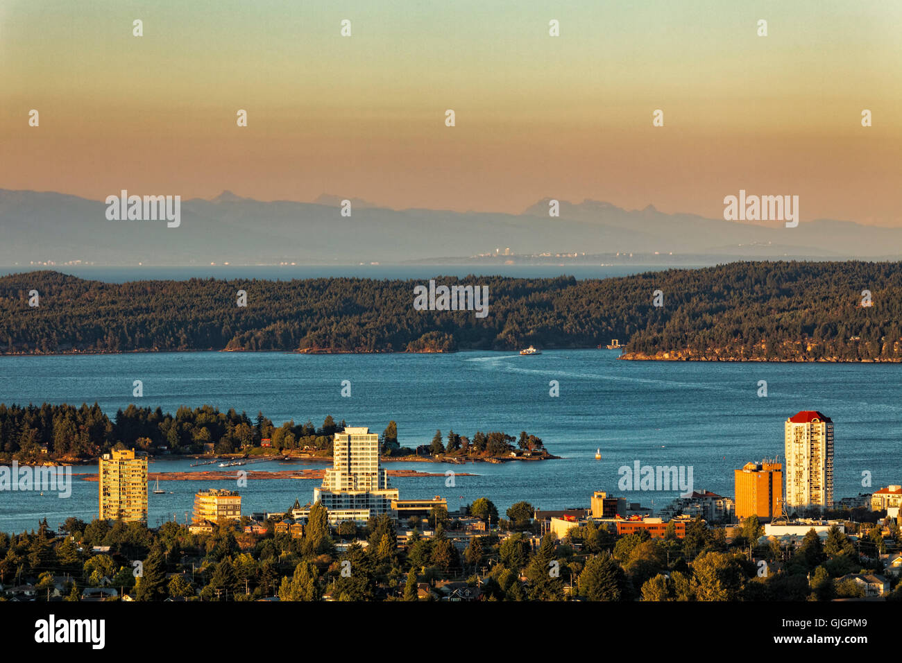 View of city of Nanaimo and BC coastal mountain range-Nanaimo, British Columbia, Canada. Stock Photo