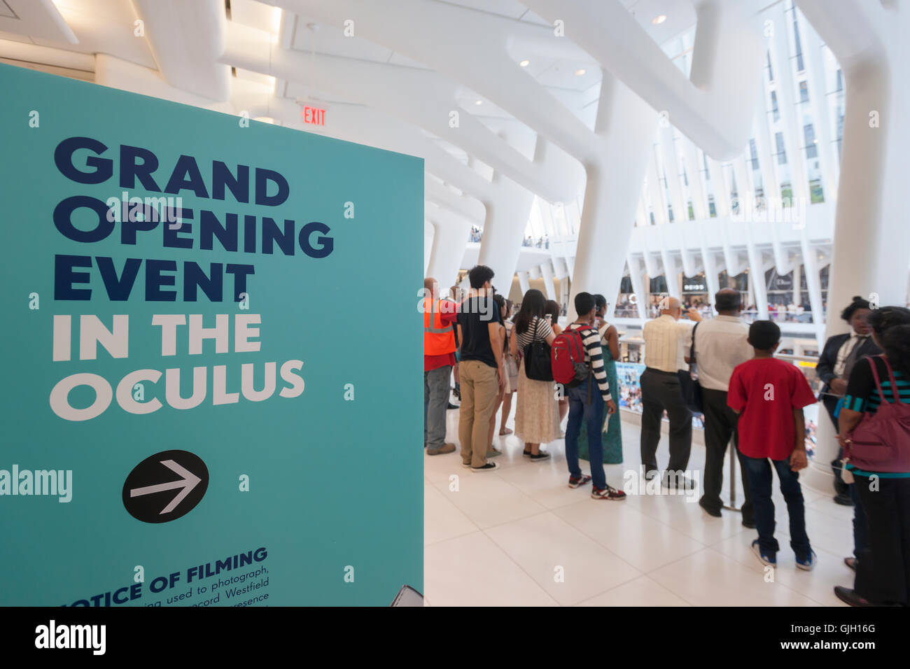 Thousands of visitors pack the World Trade Center Transportation Hub, known as the Oculus, on Tuesday, August 16, 2016 for the grand opening of the retail spaces. The 350,000 square foot retail space will feature over 100 stores when they all open, including a now opened Apple Store. The mall opens almost 15 years after the World Trade Center terrorist attack.  (© Richard B. Levine) Stock Photo
