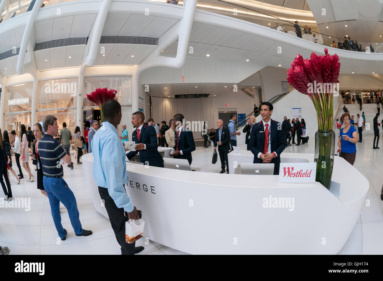 The concierge desk in the World Trade Center Transportation Hub, known as the Oculus, on Tuesday, August 16, 2016 during the grand opening of Westfield's retail spaces. The 350,000 square foot retail space will feature over 100 stores when they all open, including a now opened Apple Store. The mall opens almost 15 years after the World Trade Center terrorist attack.  (© Richard B. Levine) Stock Photo