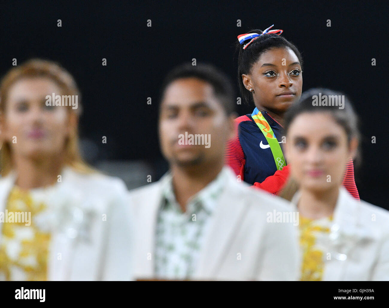 Rio de Janeiro, Brazil. 16th Aug, 2016. Simone Biles of the USA displays her Gold medal after the Women's Floor Exercise Final at the Artistic Gymnastics events of the Rio 2016 Olympic Games at the Rio Olympic Arena in Rio de Janeiro, Brazil, 16 August 2016. Photo: Lukas Schulze/dpa/Alamy Live News Stock Photo