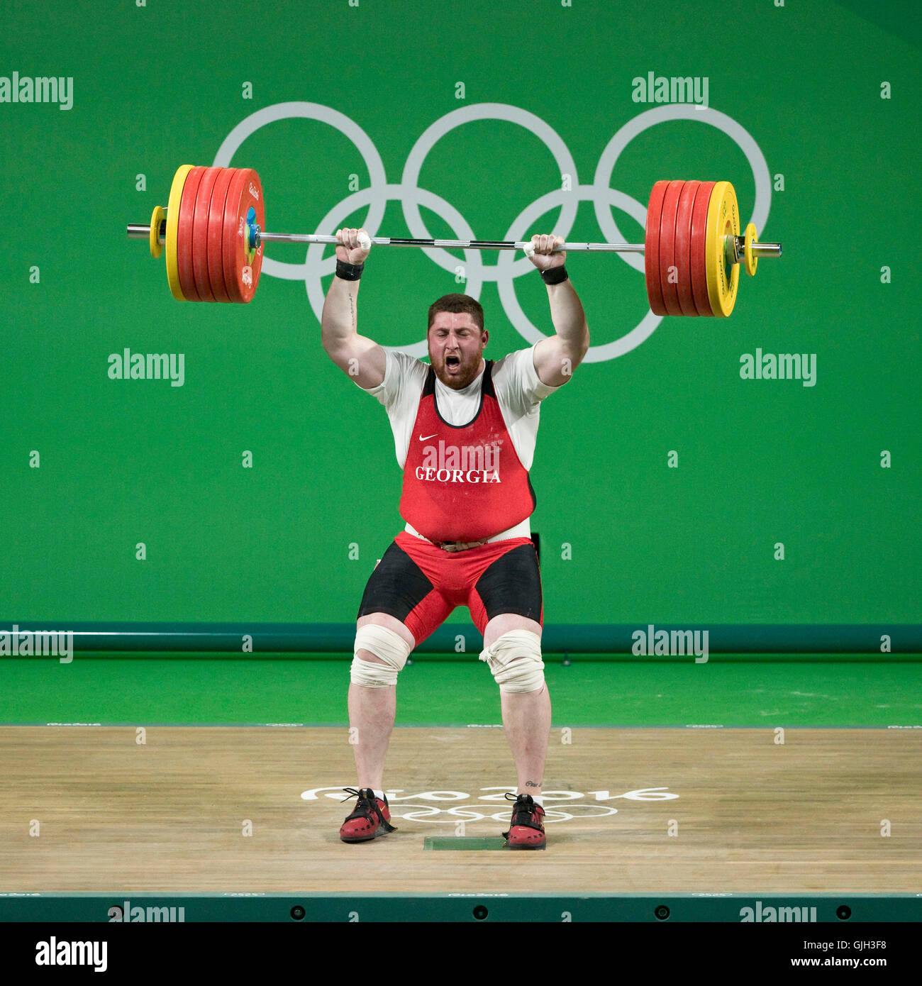 Rio de Janeiro, Brazil. 16th Aug, 2016. LASHA TALAKHADZE of Georgia sets a world record for total weight lifted (473kg), winning gold in the men's  105kg weightlifting final at the Rio 2016 Summer Olympic Games. Credit:  Paul Kitagaki Jr./ZUMA Wire/Alamy Live News Stock Photo