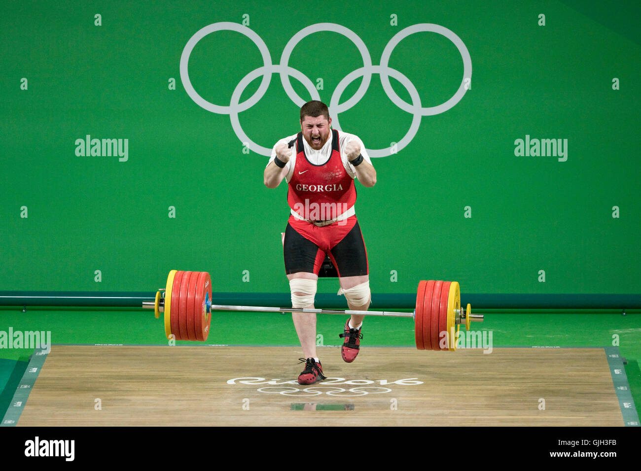 Rio de Janeiro, Brazil. 16th Aug, 2016. LASHA TALAKHADZE of Georgia sets a world record for total weight lifted (473kg), winning gold in the men's  105kg weightlifting final at the Rio 2016 Summer Olympic Games. Credit:  Paul Kitagaki Jr./ZUMA Wire/Alamy Live News Stock Photo