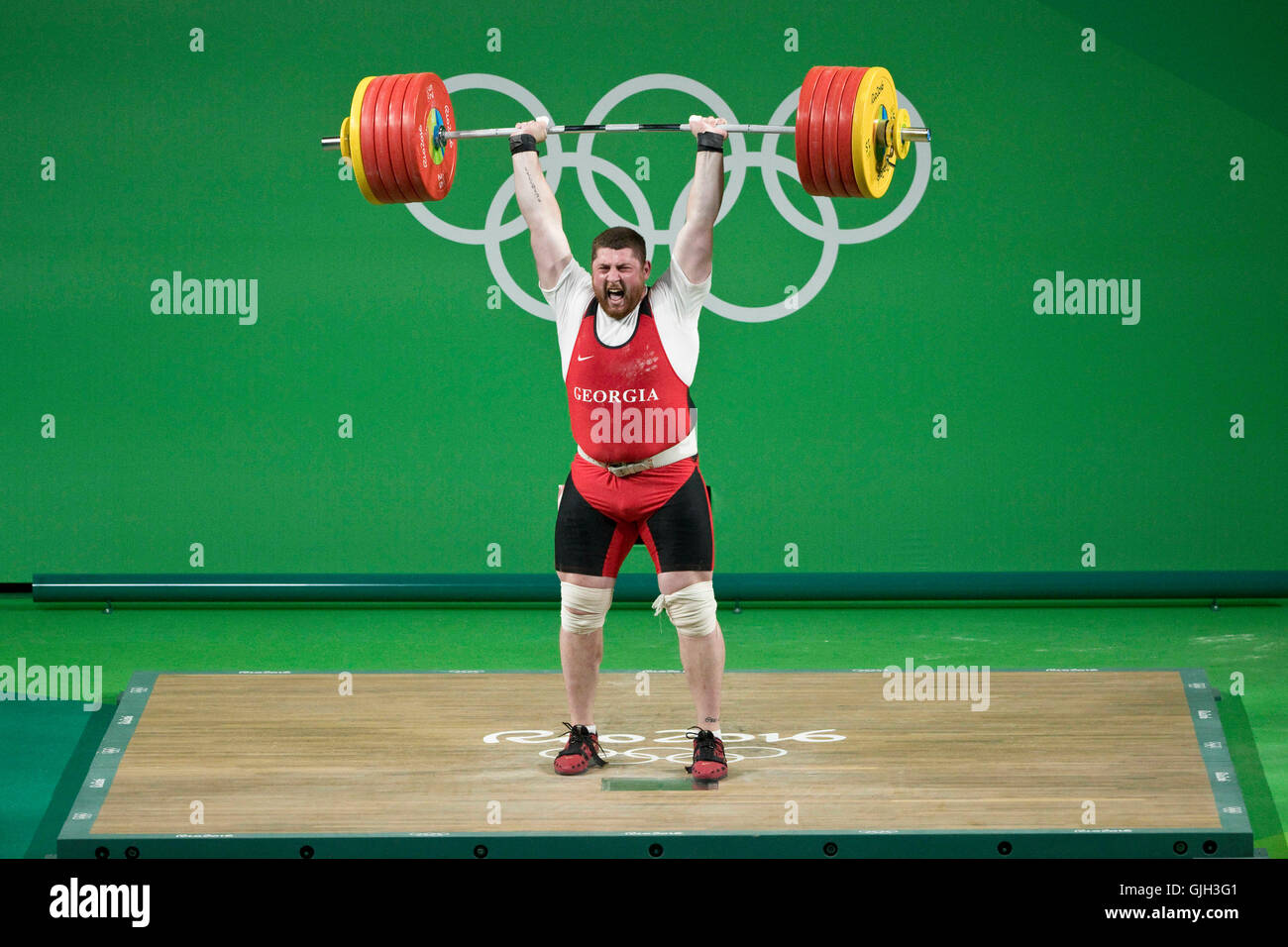 Rio de Janeiro, Brazil. 16th Aug, 2016. LASHA TALAKHADZE of Georgia sets a world record for total weight lifted (473kg), winning gold in the men's  105kg weightlifting final at the Rio 2016 Summer Olympic Games. Credit:  Paul Kitagaki Jr./ZUMA Wire/Alamy Live News Stock Photo