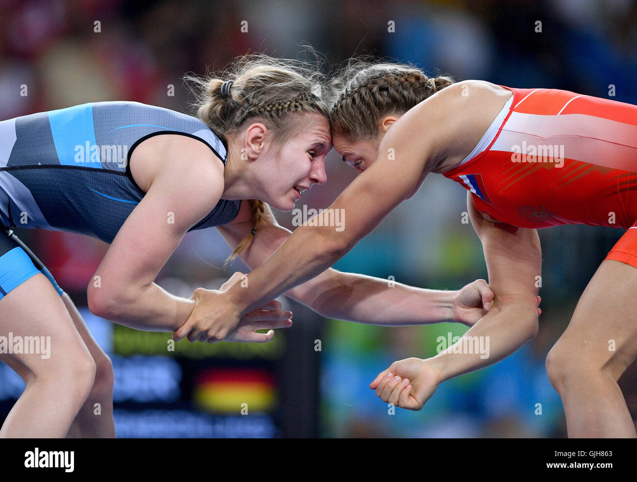 Rio de Janeiro, Brazil. 17th Aug, 2016. Valeriia Koblova Zholobova of  Russia (red) and Luisa Helga Gerda Niemeschof Germany in action during the  Women's Freestyle 58 kg Qualification of the Wrestling events