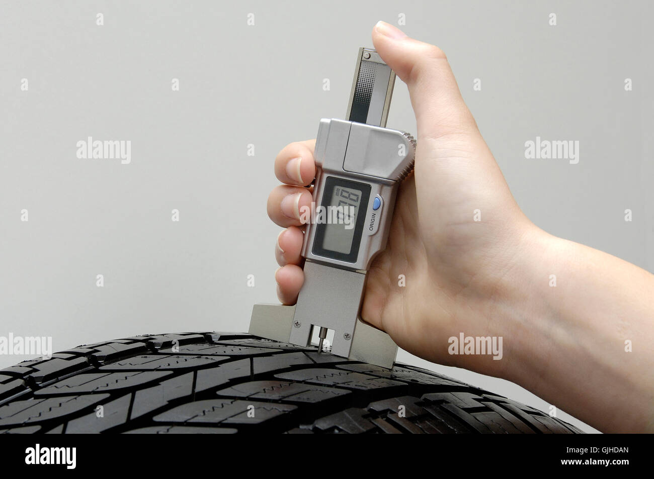 tread depth measurement in a car tire Stock Photo