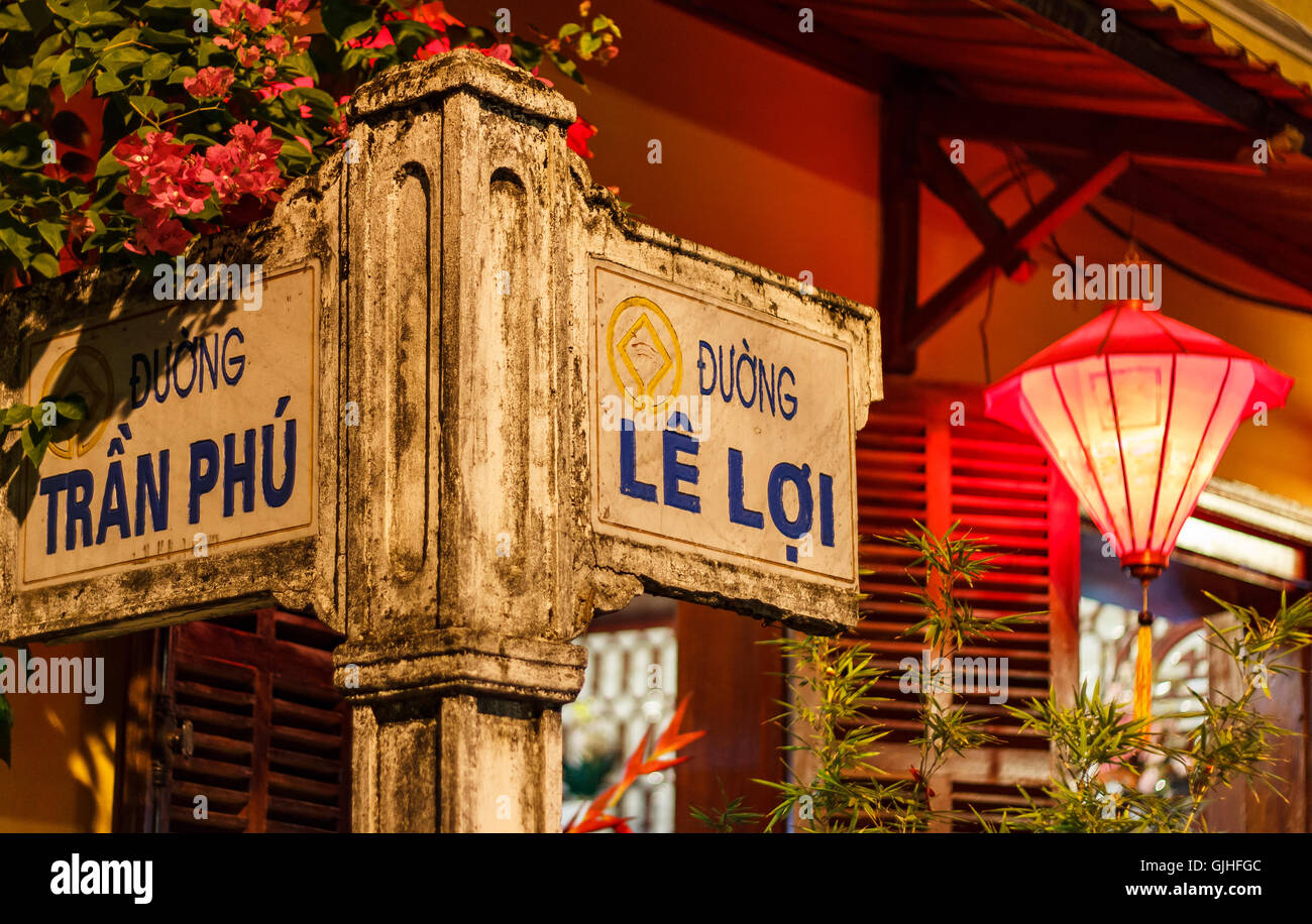 Street sign in old town, Hoi An, Vietnam Stock Photo