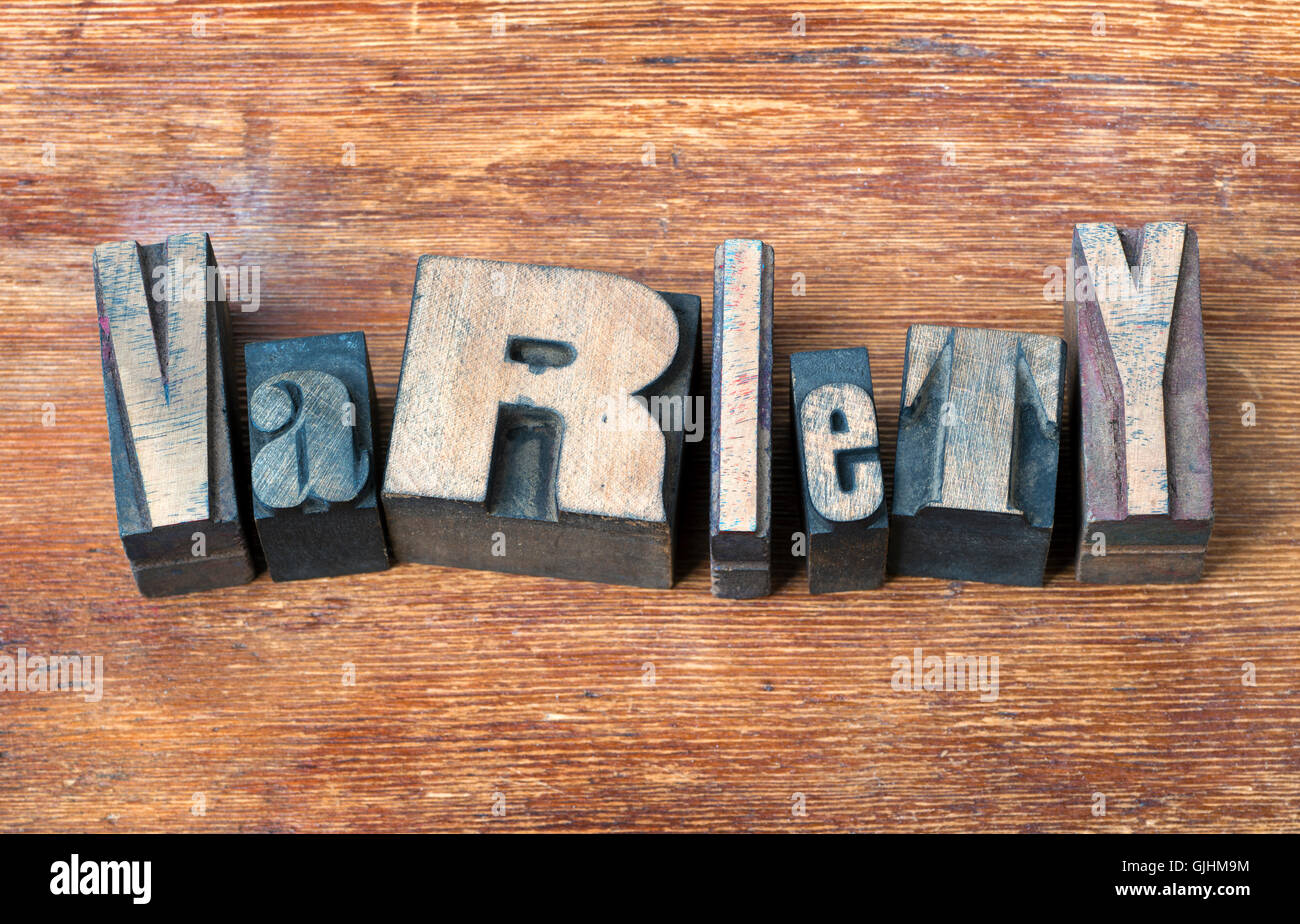 variety word  made from scattered wooden letterpress type on grunge wood Stock Photo