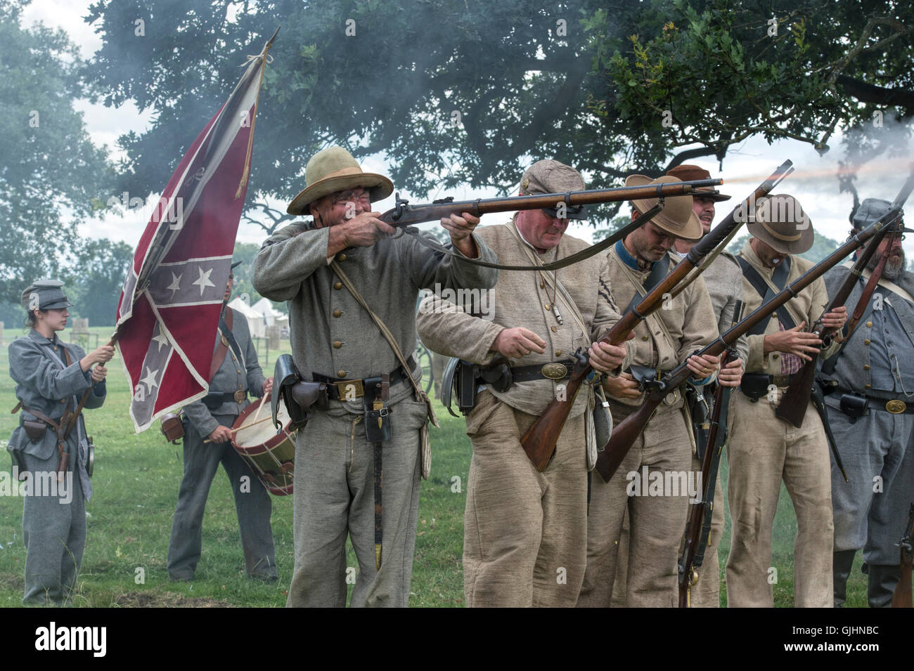Confederate Soldiers on the battlefield of a American Civil war reenactment at Spetchley Park, Worcestershire, England Stock Photo